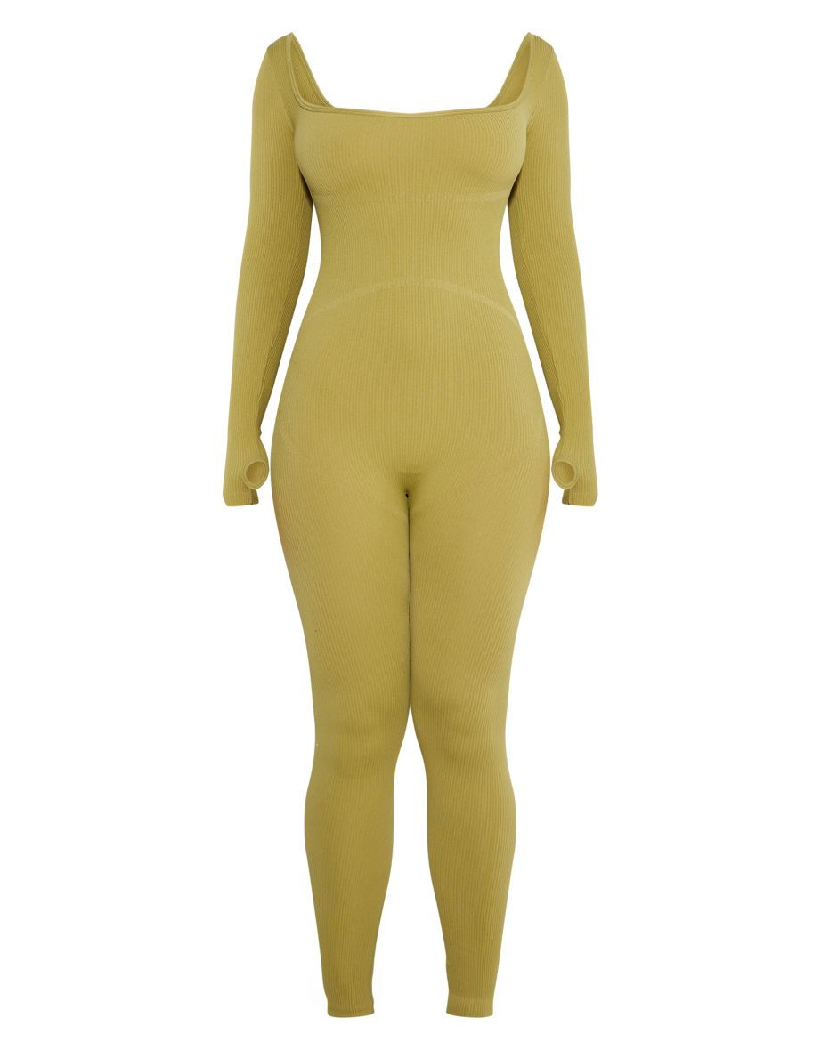 Shape Olive Contour Rib Square Neck Thumb Hole Jumpsuit - 4
