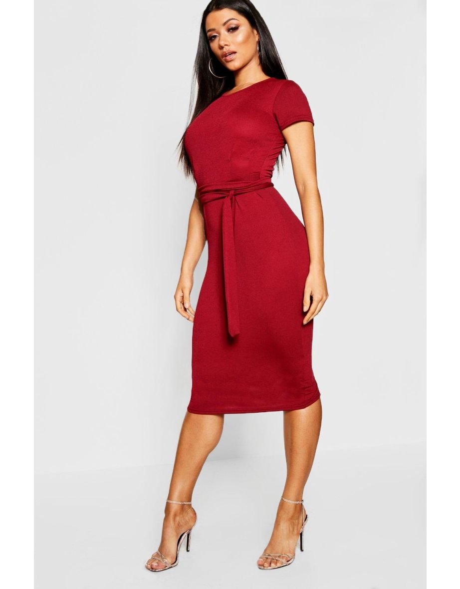 Jersey Crepe Pleat Front Belted Midi Dress - berry