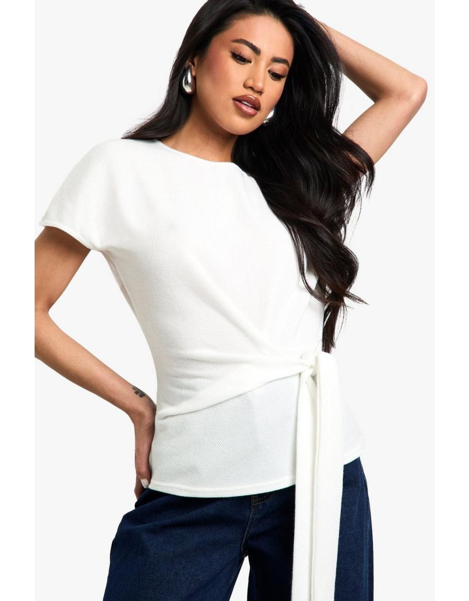 Textured Knot Front T Shirt - ecru - 3