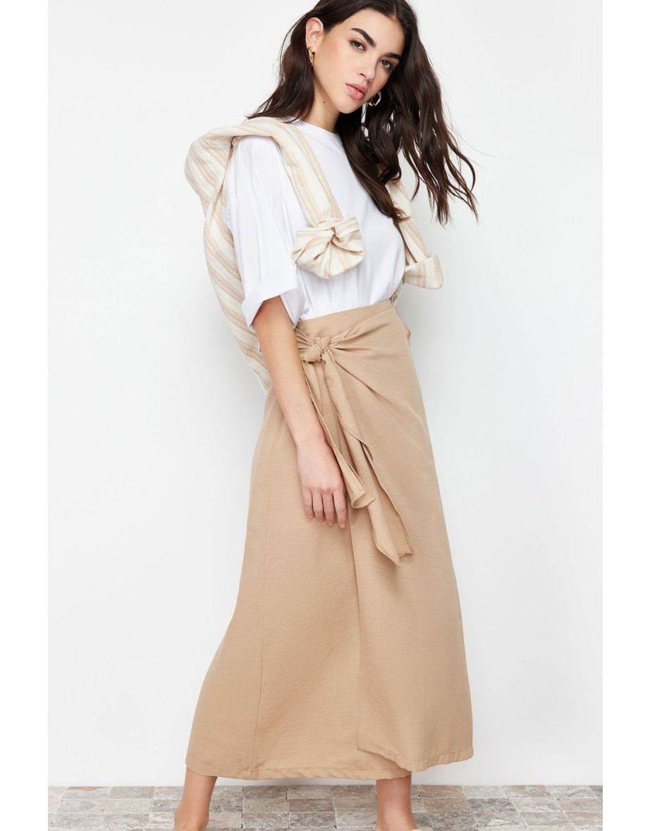 Camel Double Breasted Tie Detailed Woven Skirt
