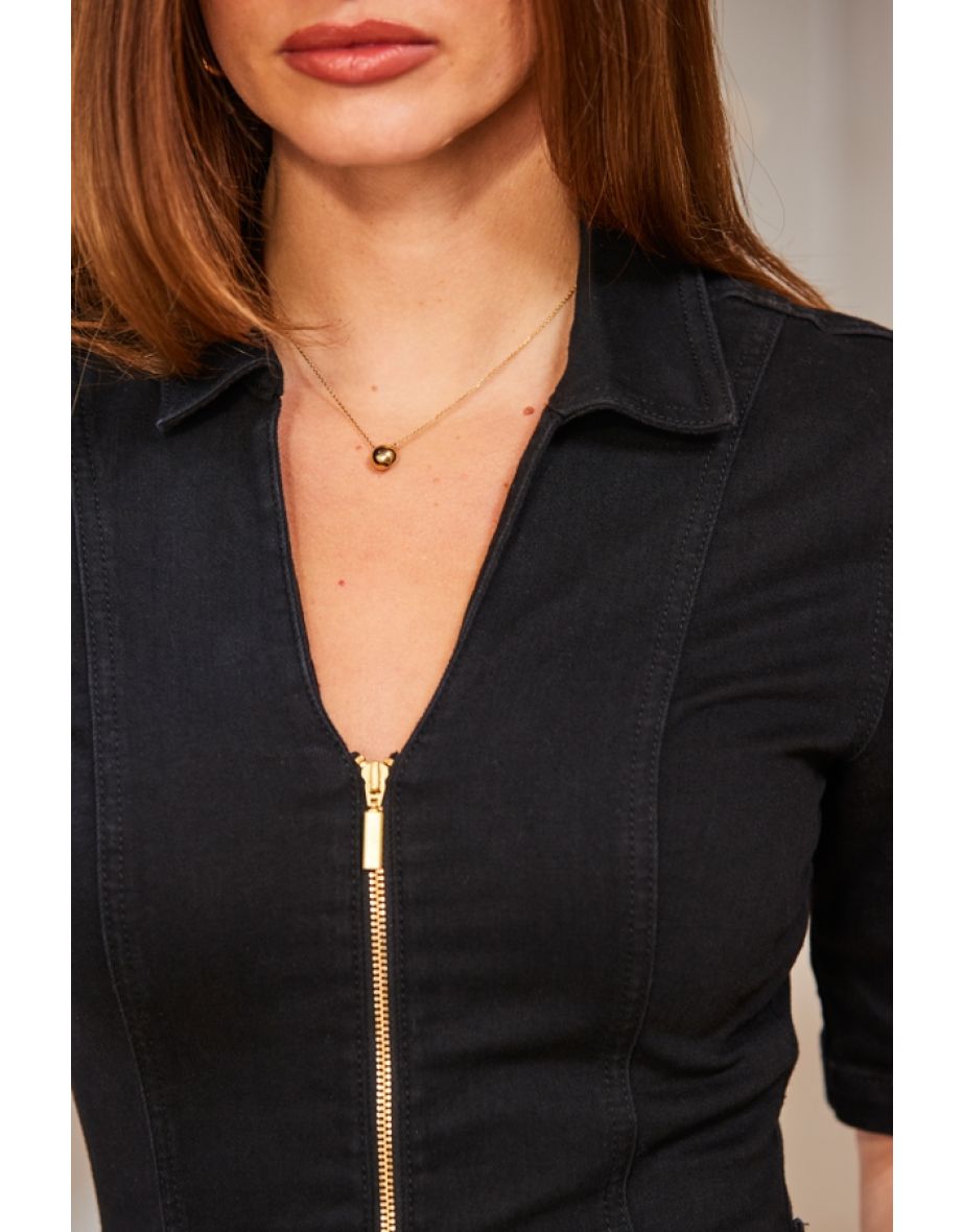 Black Zip Front Wide Leg Denim Jumpsuit - 4