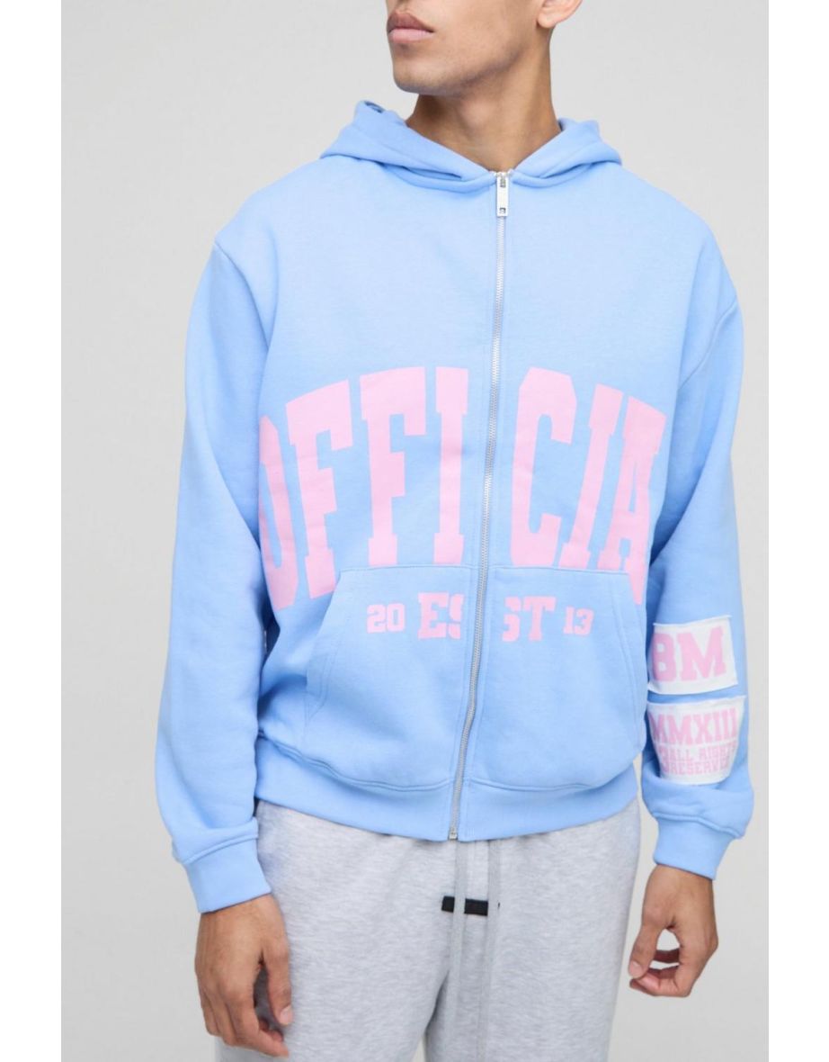Oversized Official Raw Edge Applique Badge Zip Through Hoodie - blue - 2