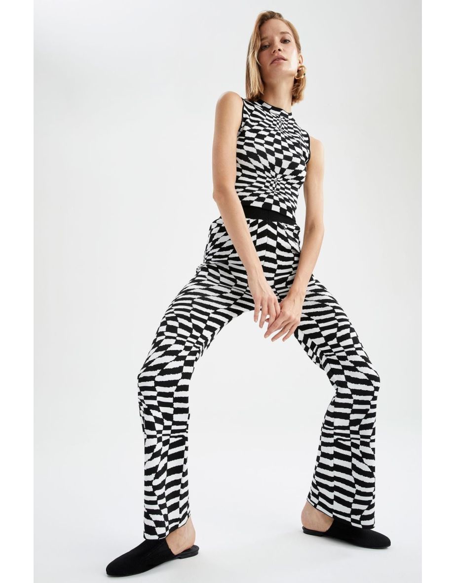 Flare Leg Checkerboard Patterned Knitwear Trousers
