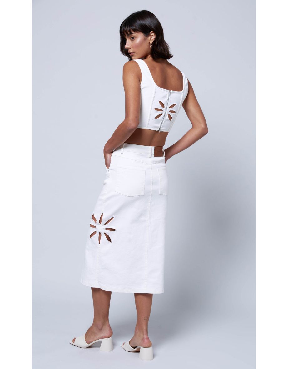 Ivory Recycled Twill Corset Top with Cutwork Detail - 2