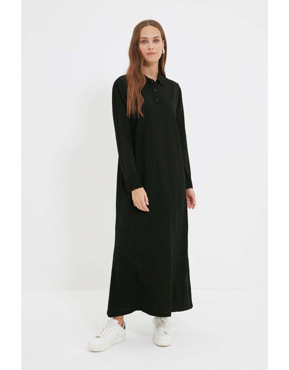 Black Column Maxi T-Shirt Dress with Long Sleeve
