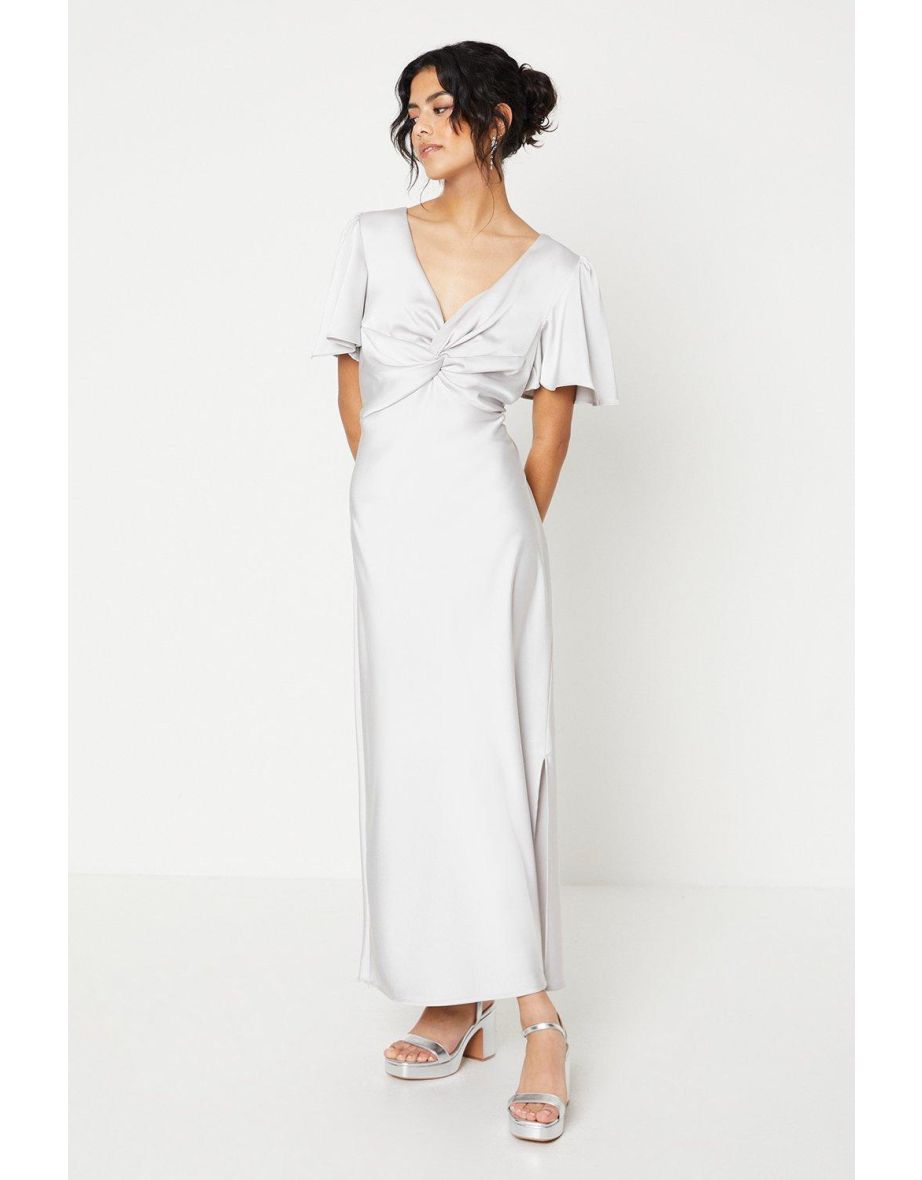 Petite Satin Twist Angel Sleeve Bridesmaids Dress