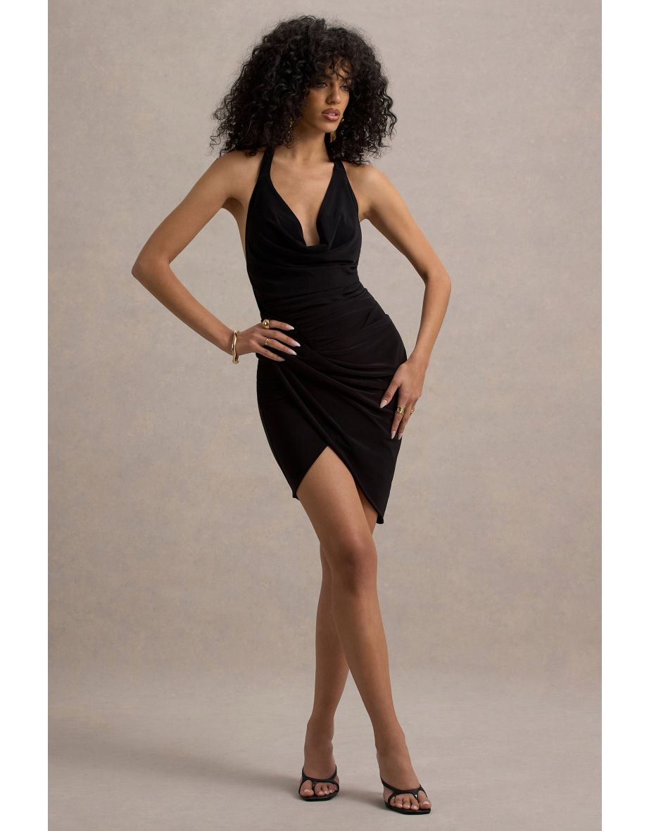 Vivia | Black Plunge-Neck Ruched Mini Dress