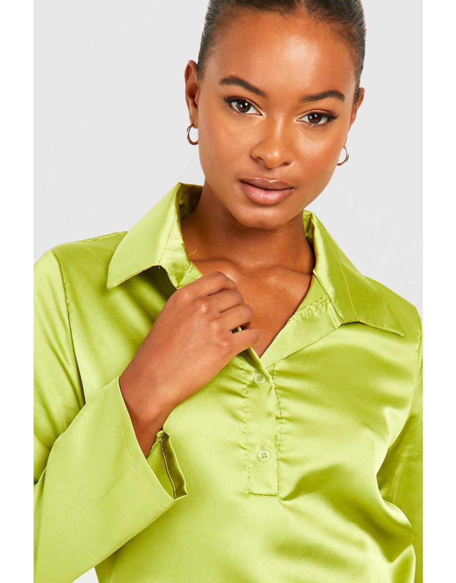 Tall Half Button Relaxed Satin Shirt - olive - 3