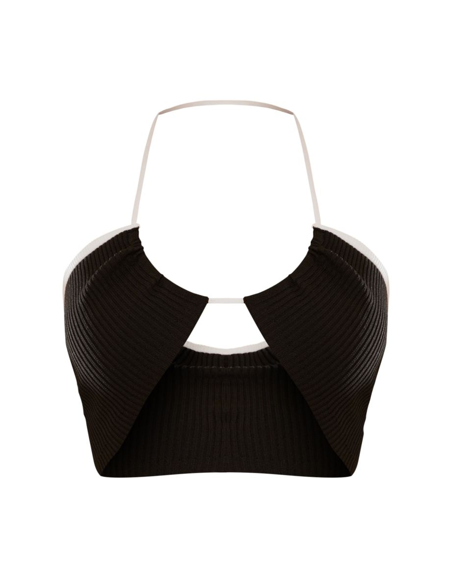 Black Contrast Binding Halter Neck Knit Top - 4