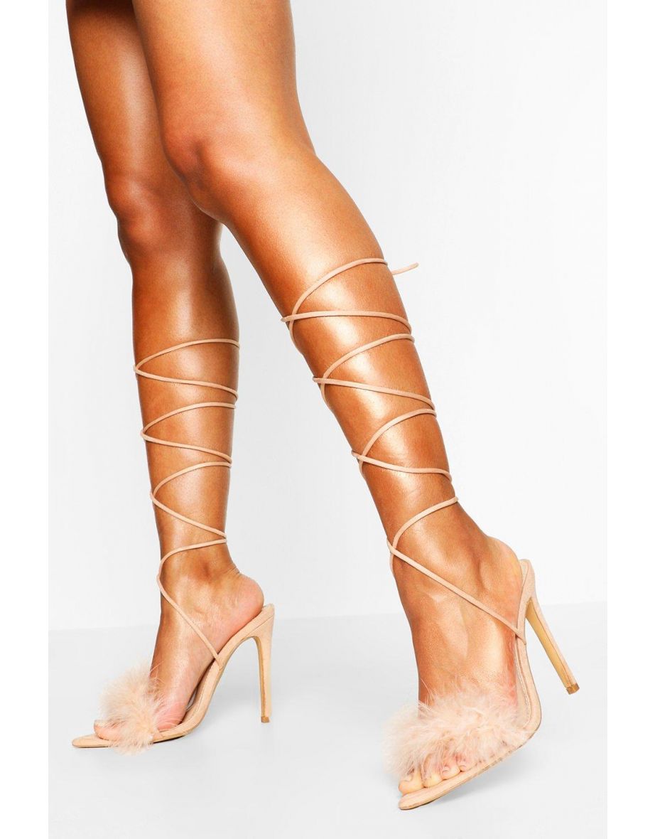 Pointed Toe Feather Trim Wrap Up Heels - nude