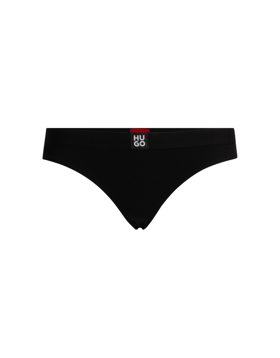Women's Hugo Stacked Logo Ribbed Thong in Black - 2