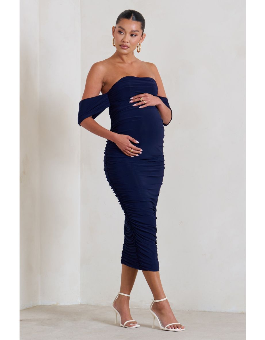 Navy Ruched Maternity Bardot Midi Dress