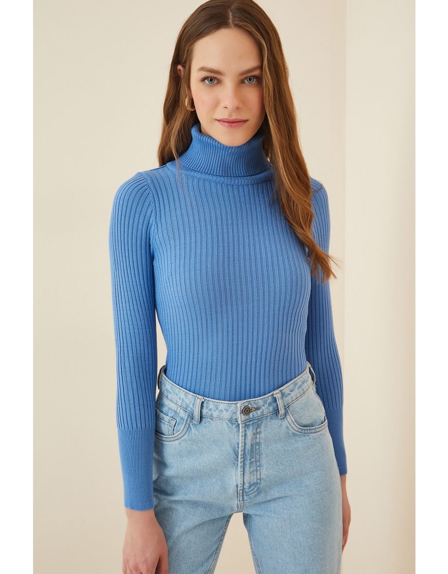 Women's Blue Turtleneck Corded Lycra Sweater