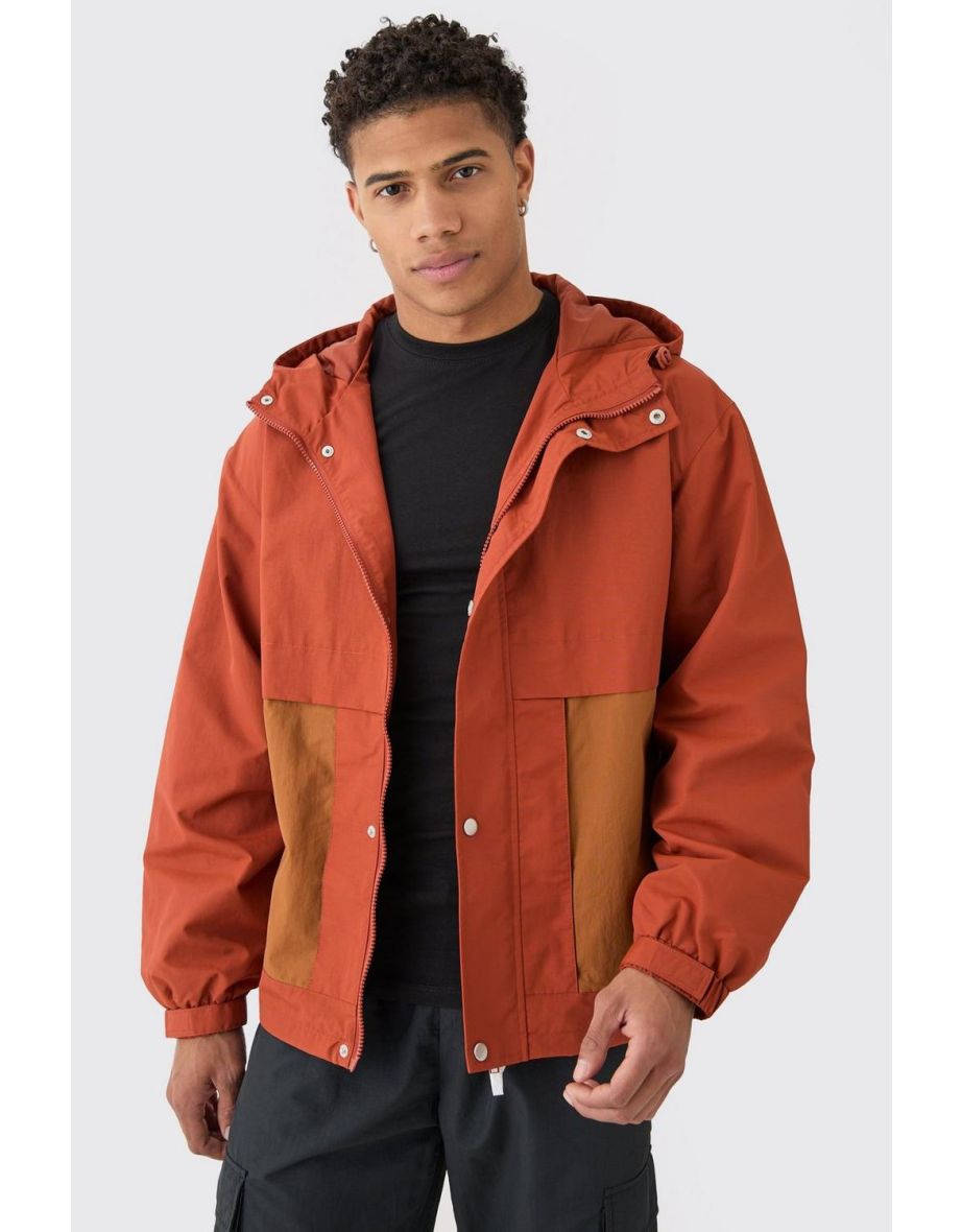Colour Block Hooded Nylon Windbreaker In Rust - rust
