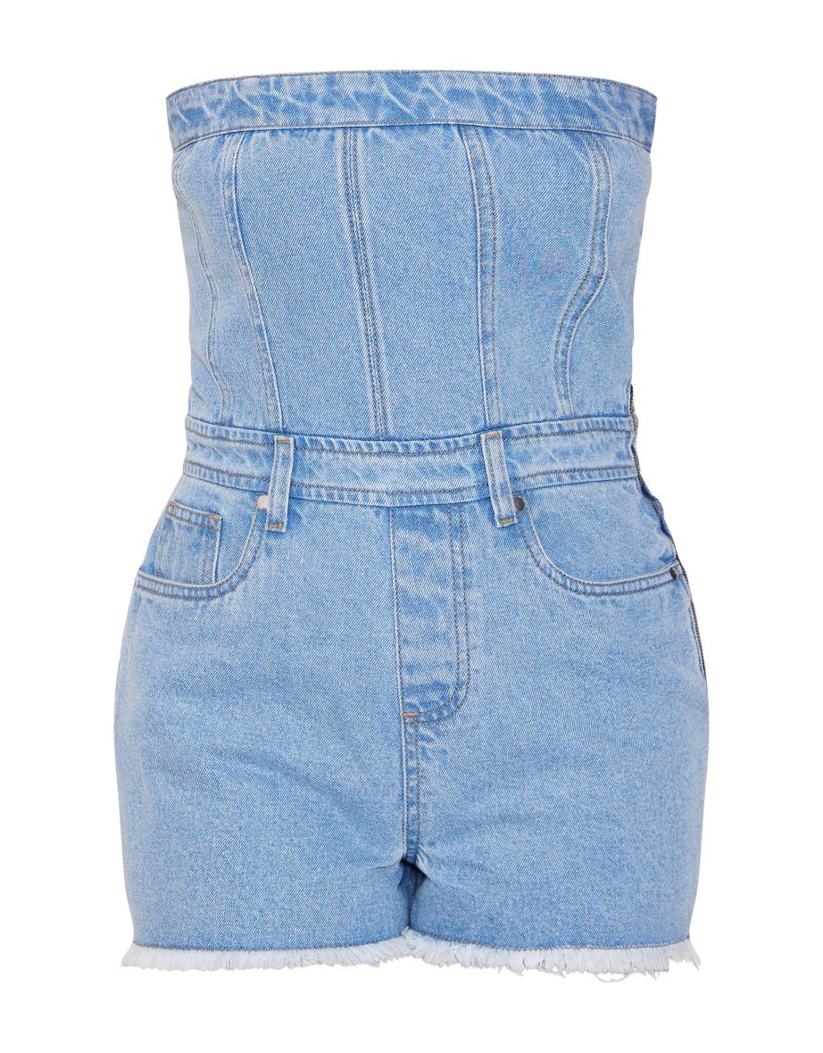 Light Blue Bandeau Raw Edge Denim Playsuit - 4