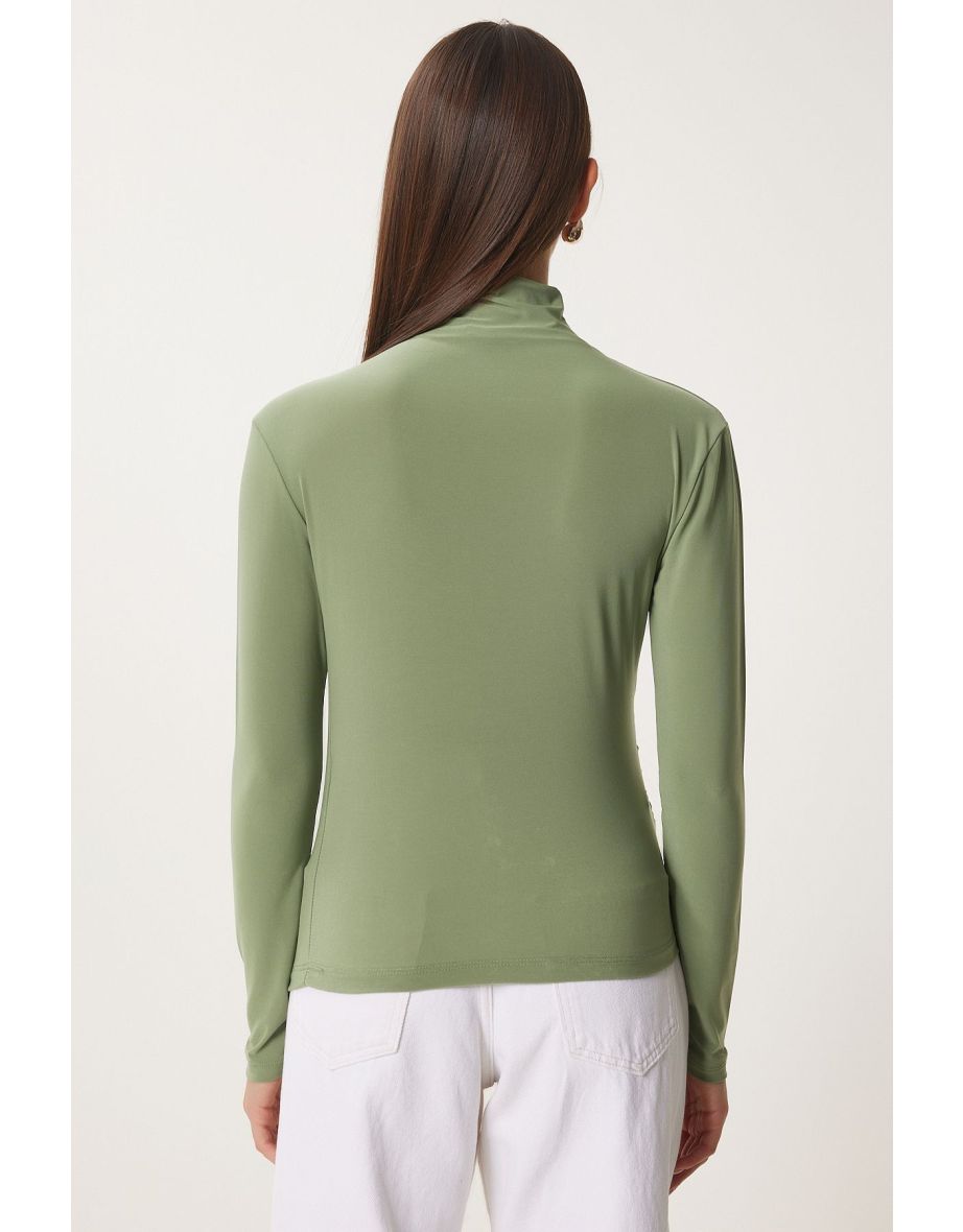 Women's Green Gather Detailed Stand Collar Sandy Top - 8