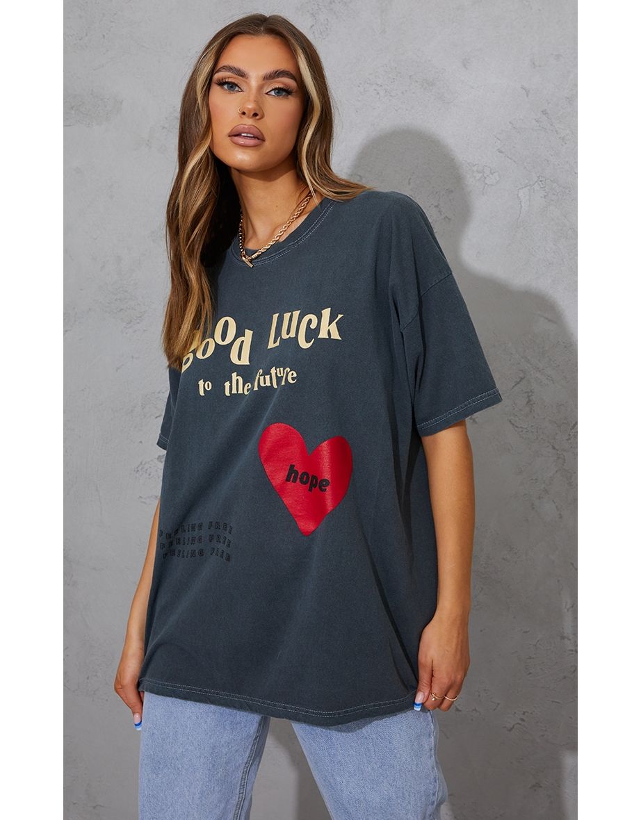 Charcoal Good Luck Heart Print Washed T Shirt