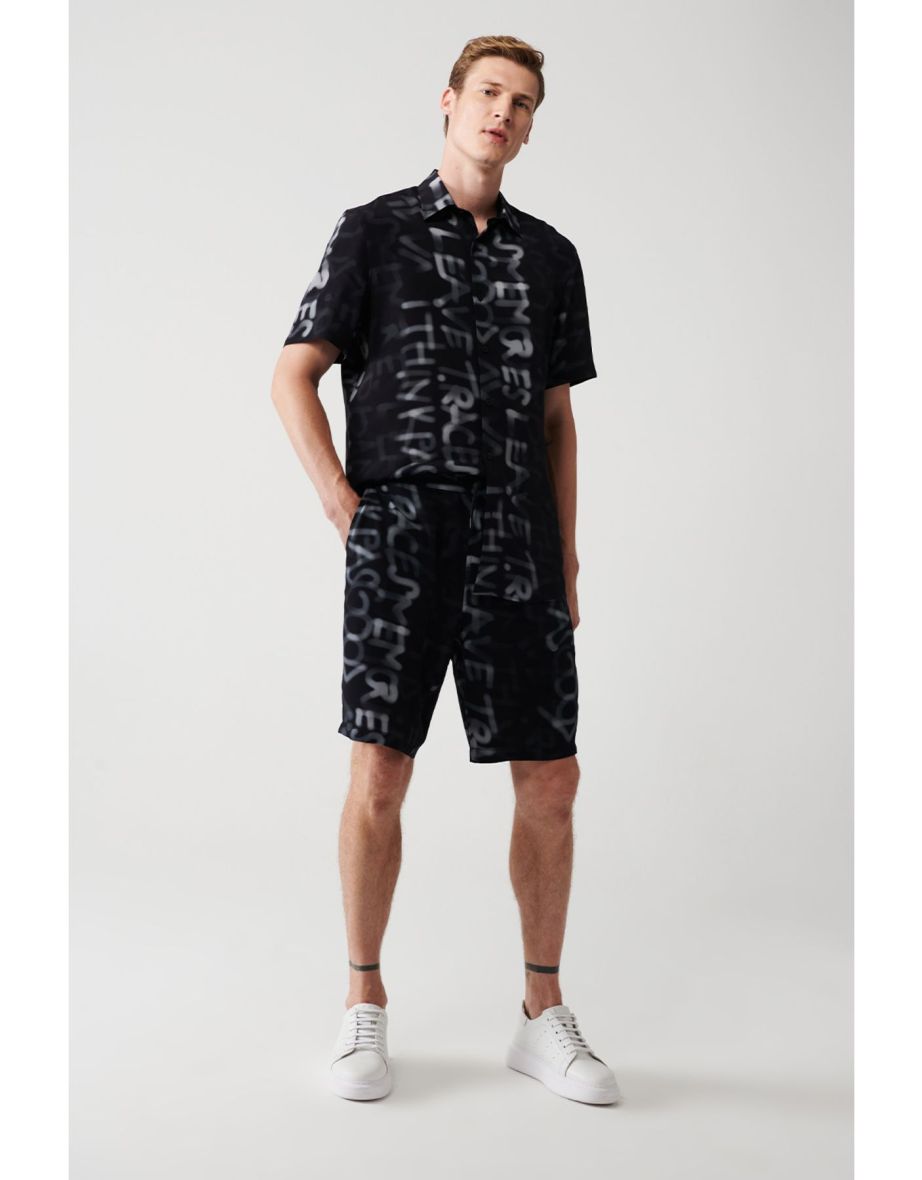 Men's Black 100% Viscose Side Pocket Tied Waist Shorts