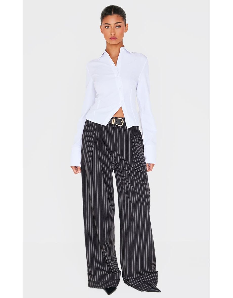 Black Pinstripe Tailored High Waisted Turn Up Hem Straight Leg Trousers
