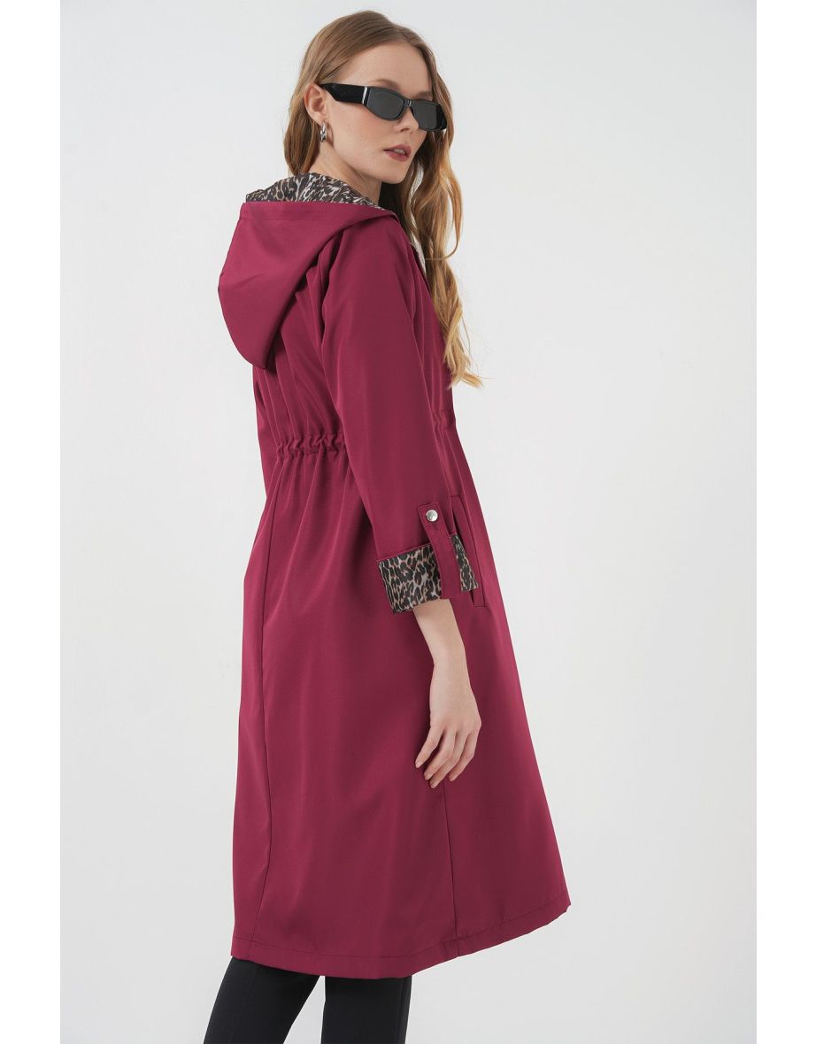 Waist Drawstring Hooded Trench Coat - Claret Red - 6
