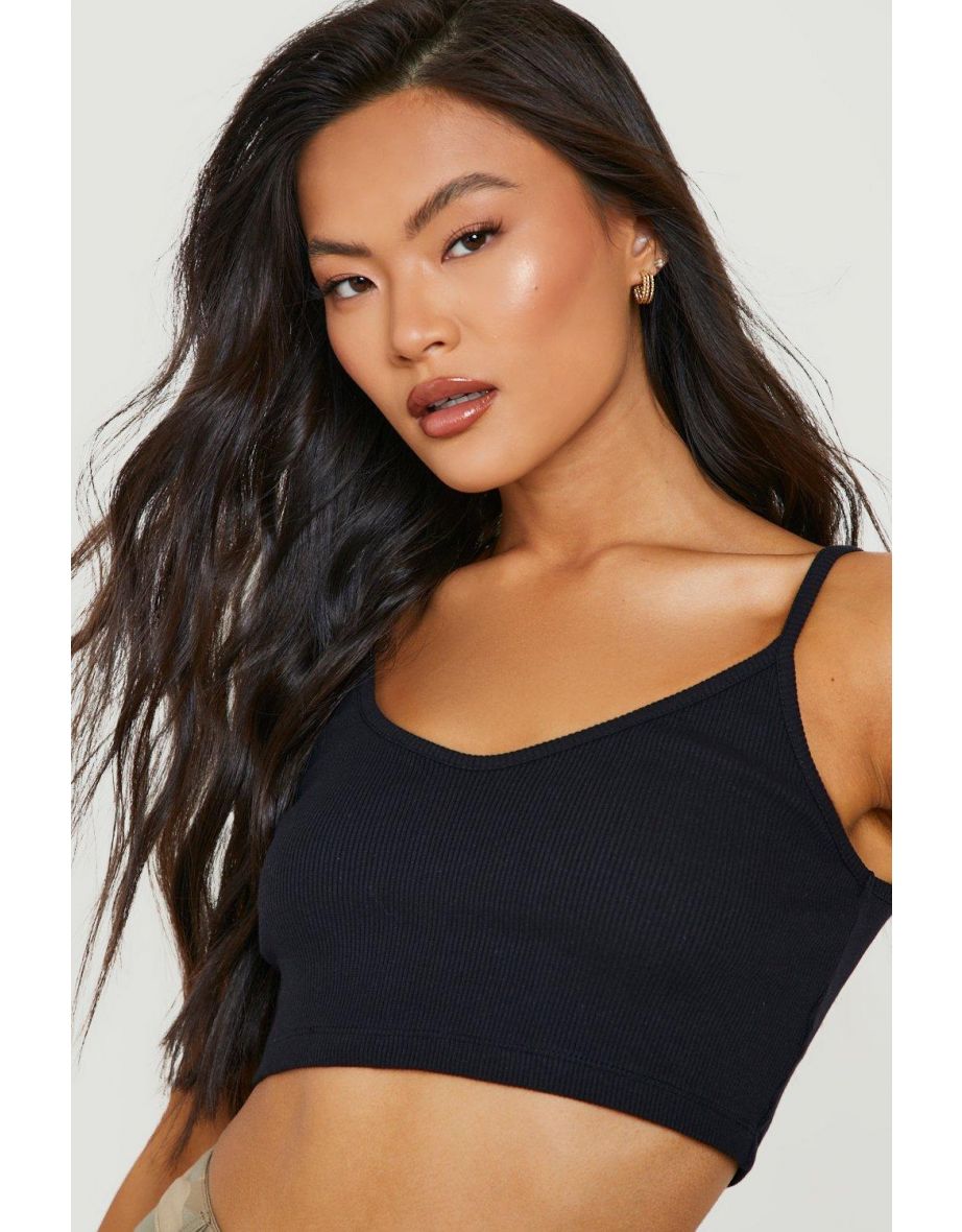 Strappy Rib V Neck Crop - black - 3