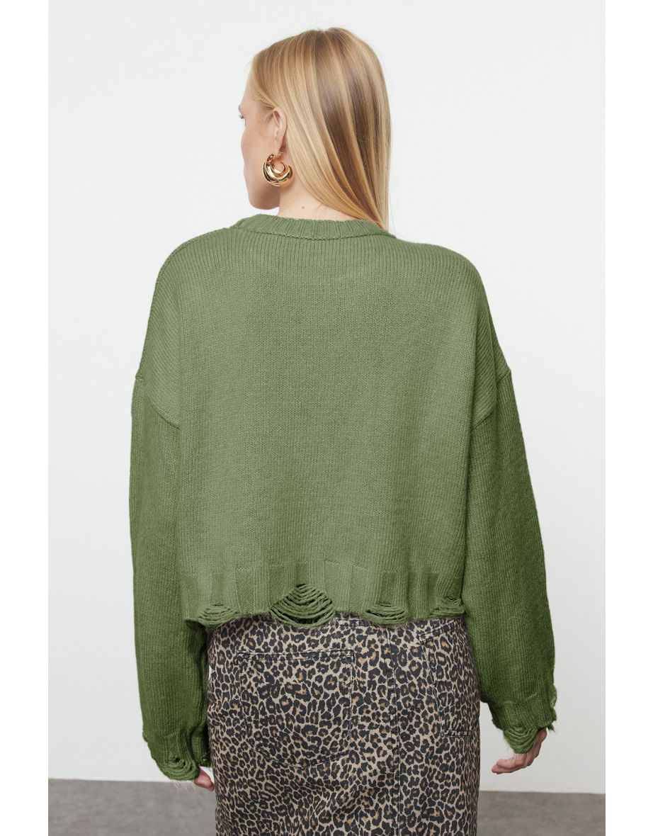 Khaki Crop Super Wide Pattern Soft Texture Knit Sweater - 4