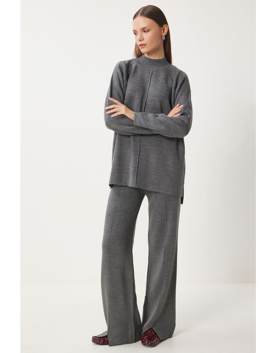 Women's Gray Stylish Knitwear Sweater Pants Suit