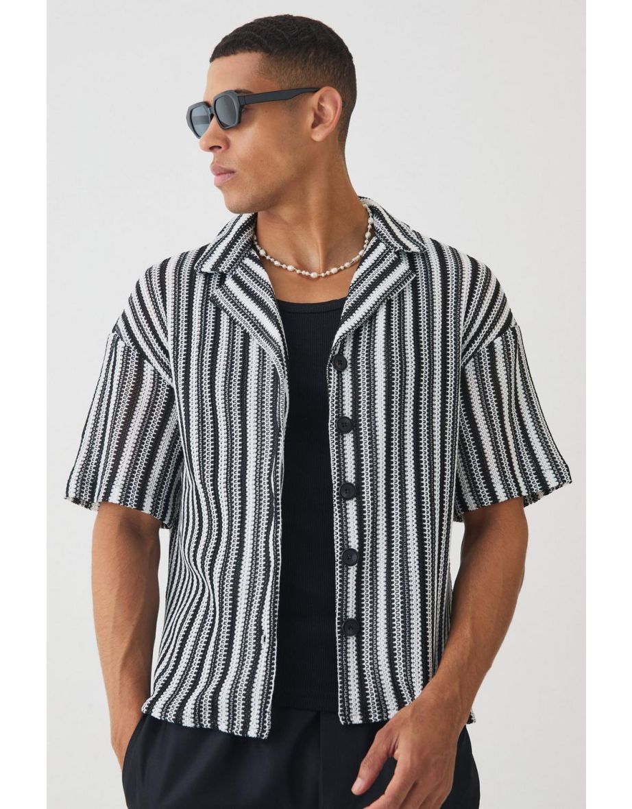 Boxy Fit Revere Open Weave Stripe Shirt - black