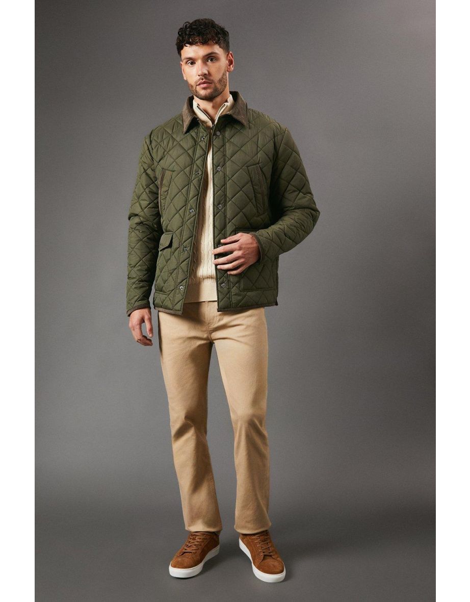 Cord Collar Diamond Quilted Jacket - khaki