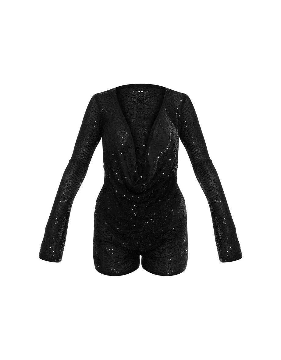 Black Sequin Cowl Neck Long Sleeve Playsuit - 3