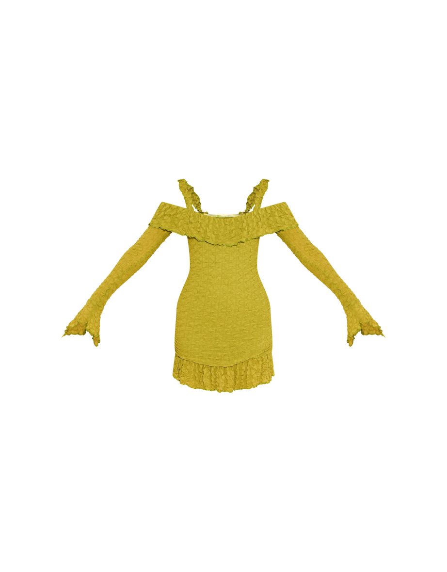 Olive Textured Bardot Frill Hem Bodycon Dress - 4