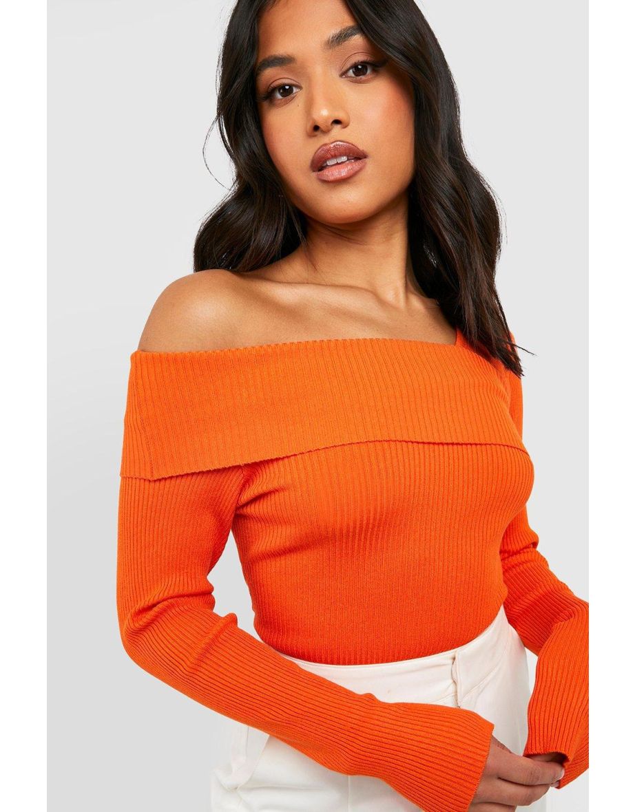 Petite Asymmetric Bardot Rib Knitted Bodysuit - orange
