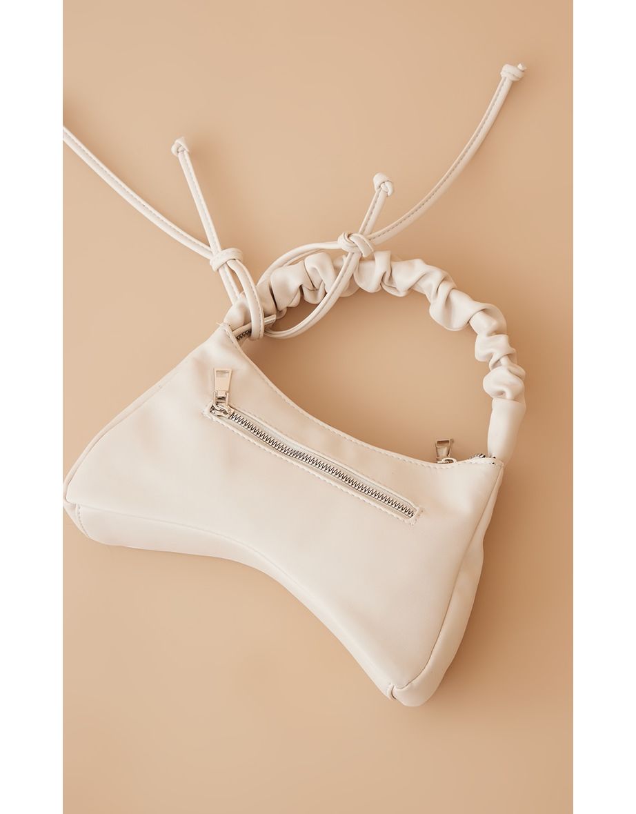 Cream PU Ruched Handle Zip Shoulder Bag - 3