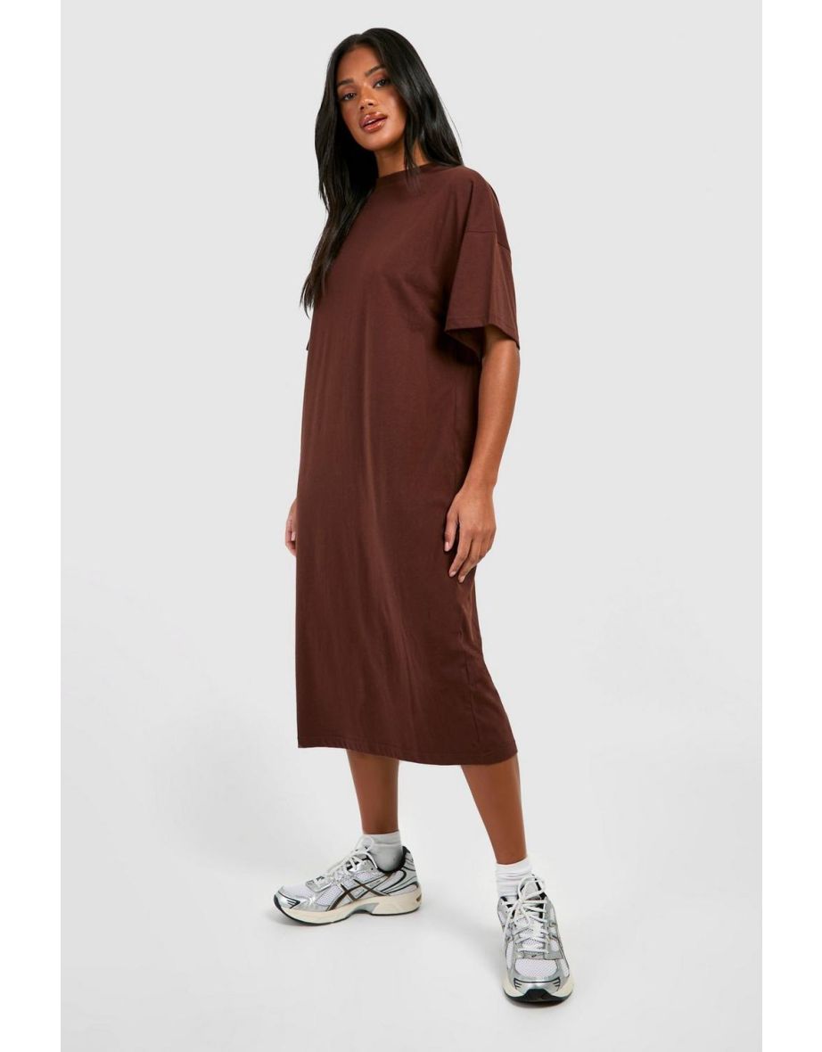 Shop Cotton Super Oversized Midi T shirt Dress chocolate Online in Qatar VogaCloset