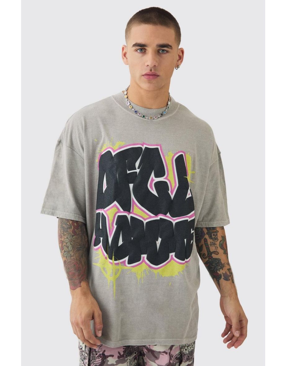 Oversized Puff Print Graffiti Washed T-shirt - stone