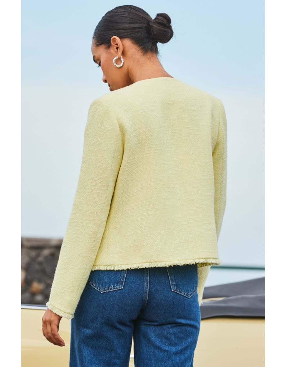 Yellow Boucle Jacket With Embellished Buttons - 4