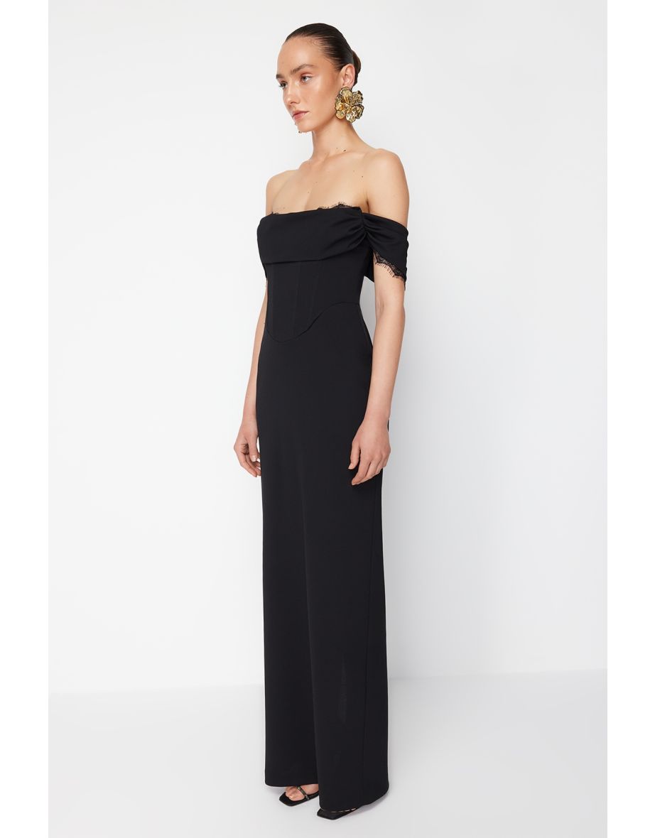 X Zeynep Tosun Black Fitted Knitted Carmen Collar Lace Long Evening Evening Dress