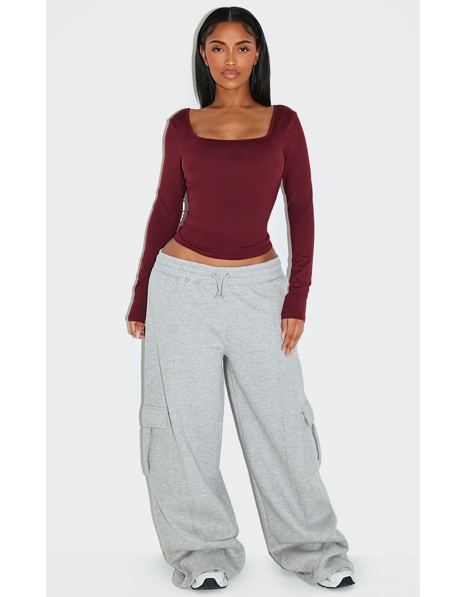 Shape Burgundy Sculpt Square Neck Long Sleeve T-shirt