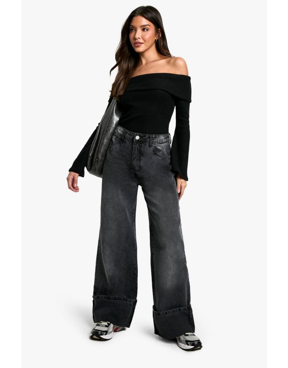 Brushed rib off shoulder bodysuit - black