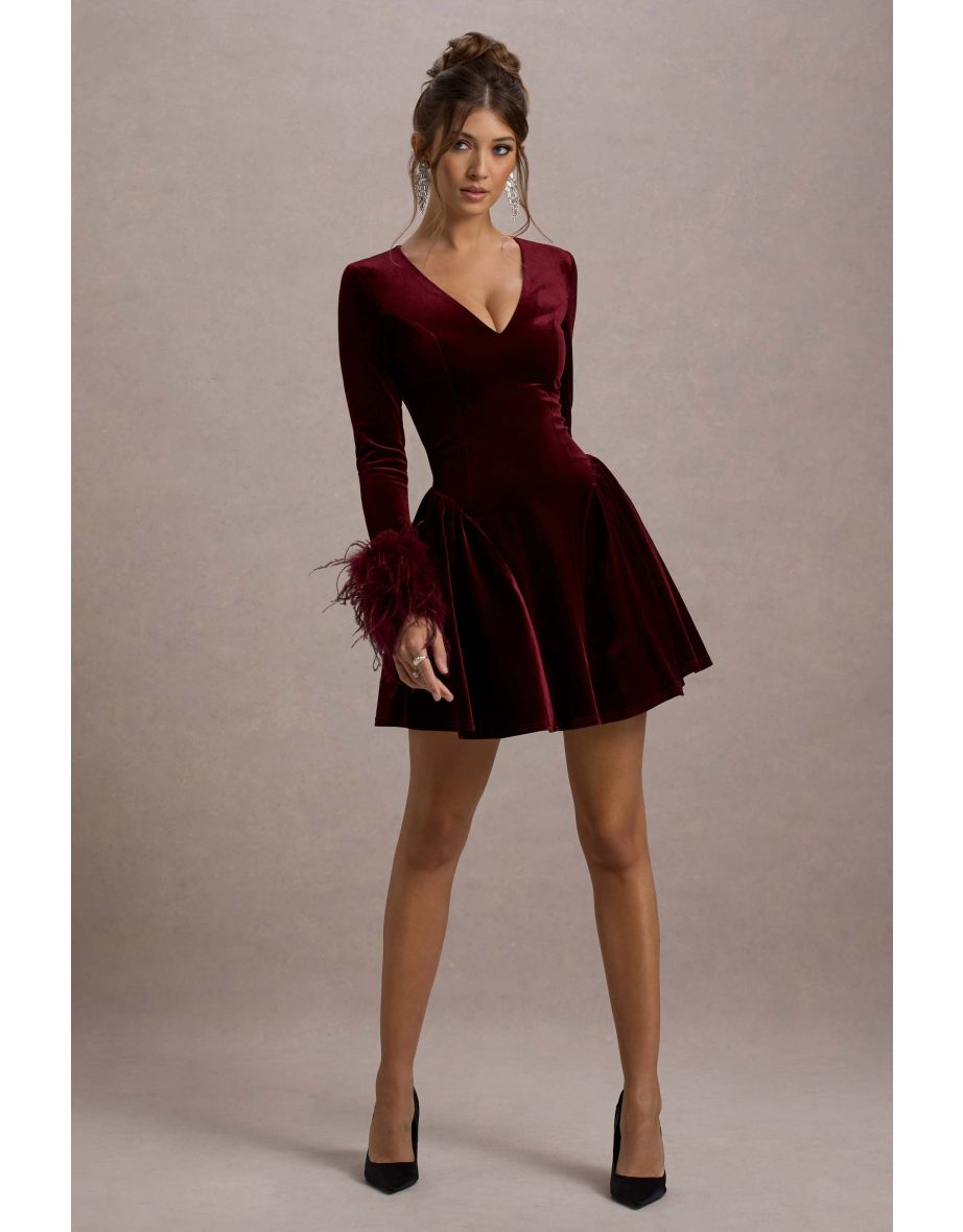 Pasilla | Port Velvet Plunge-Neck Feather Trim Mini Dress - 5