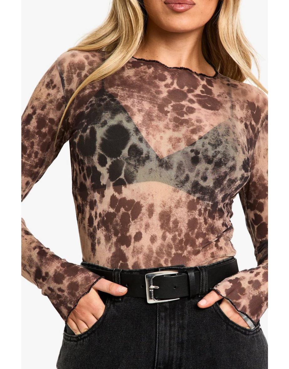 Animal Print Mesh Long Sleeve Top - 3