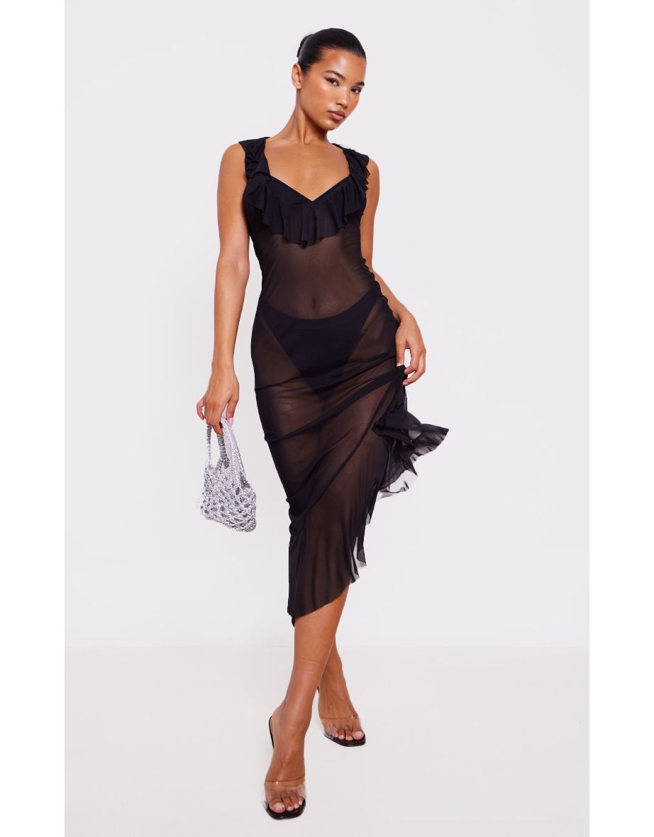 Black Mesh Plunge Ruffle Maxi Dress