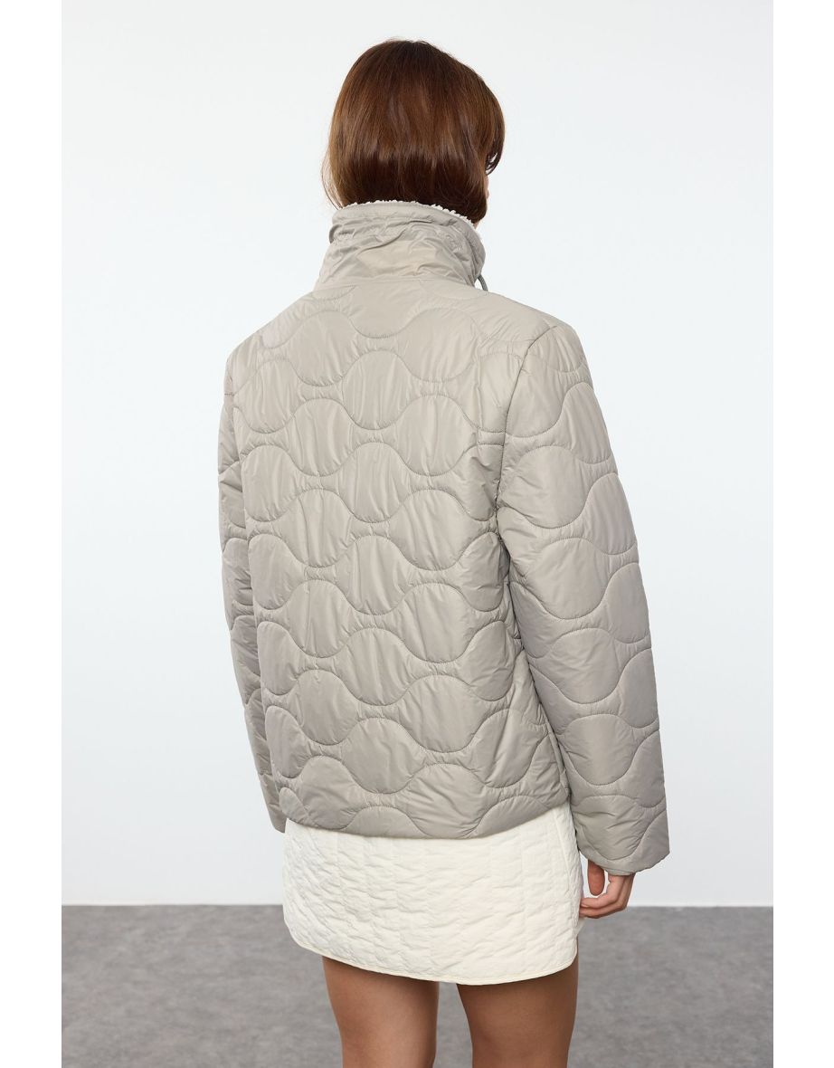 Grey Regular Fit Stand Collar Quilted Coat - 4