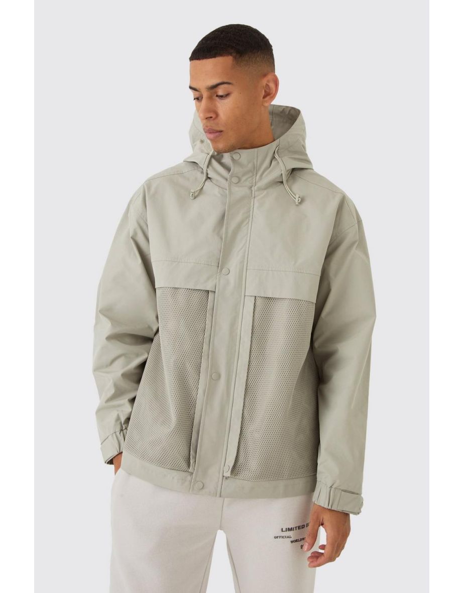 Hooded Mesh Panel Tech Parka In Stone