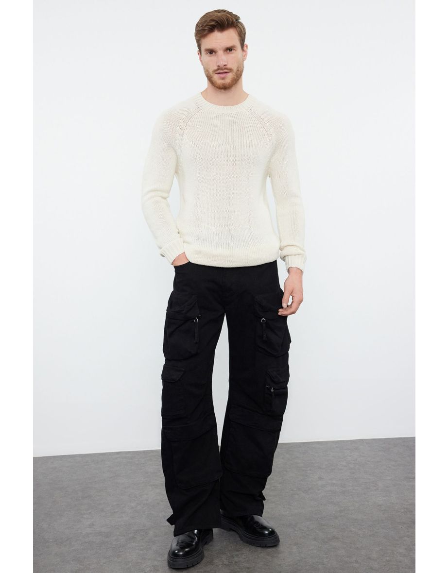 Men's Ecru Slim Fit Crew Neck Raglan Sleeve Seamless Basic Knitwear Sweater