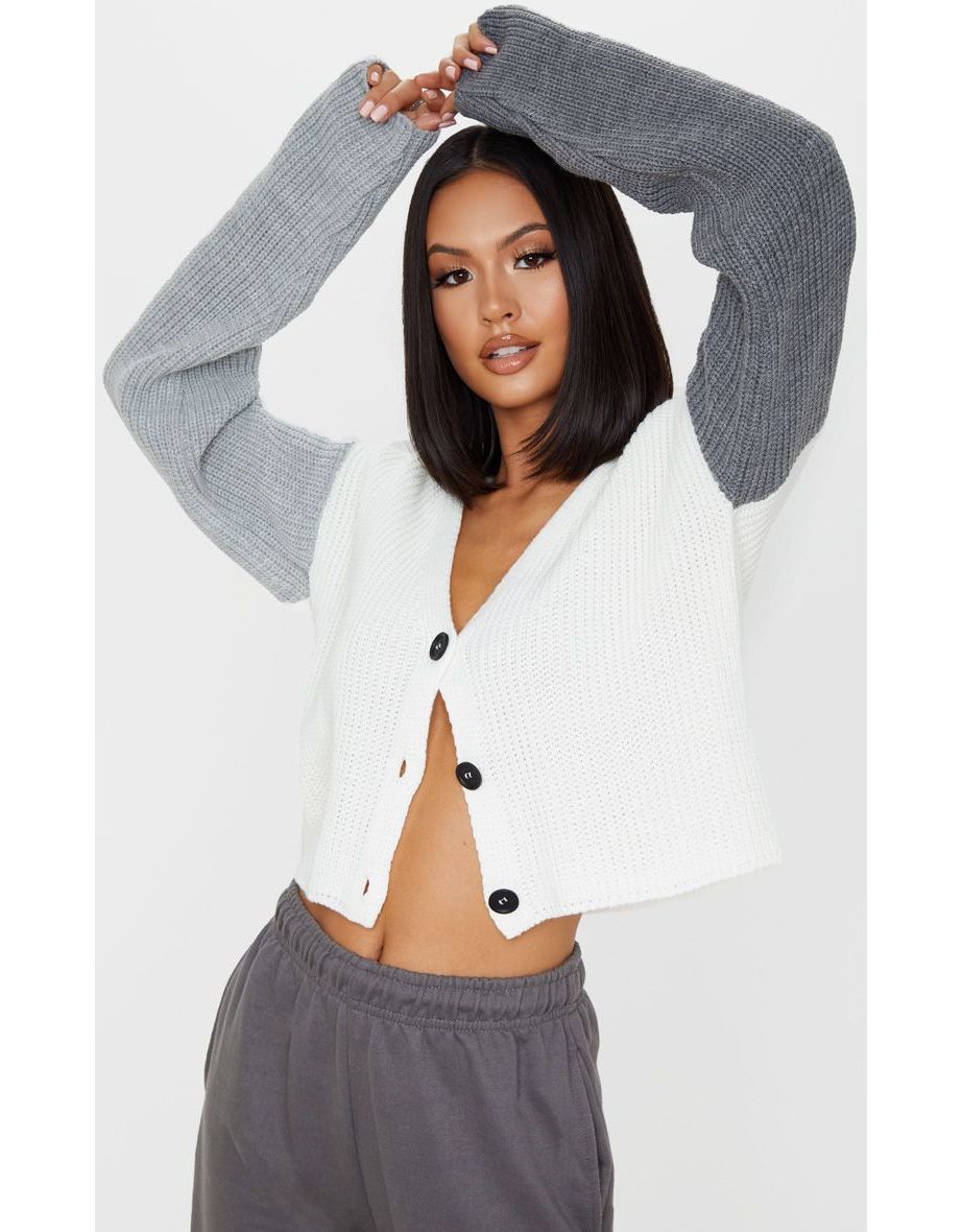 Grey Colour Block Button Up Cropped Cardigan
