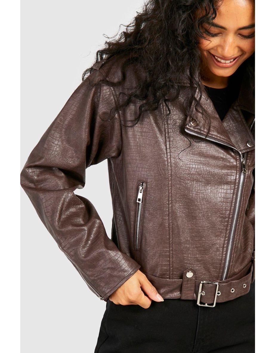 Croc Look Faux Leather Biker Jacket - chocolate - 3