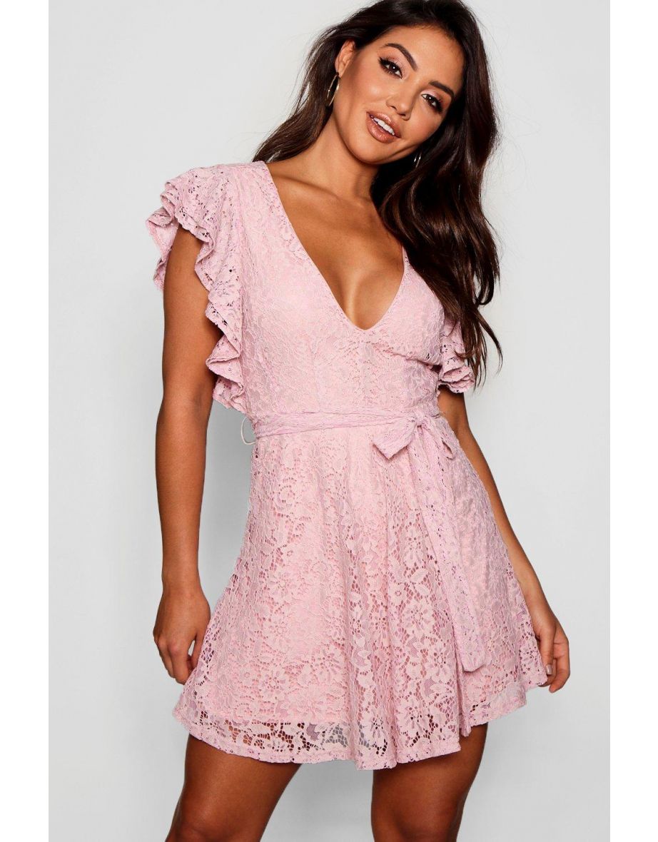 Lace Ruffle Sleeve Skater Dress - blush