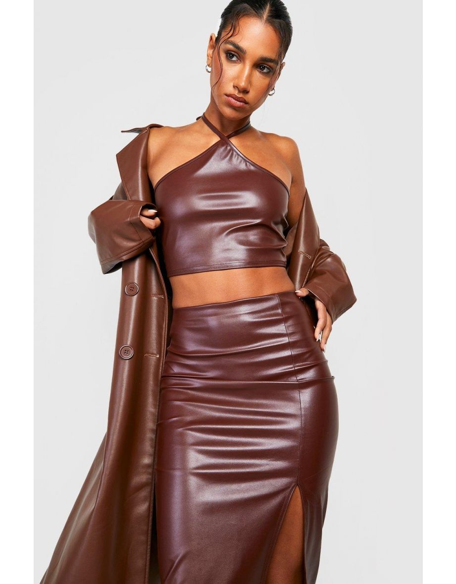 Leather Look Halter & Split Midi Skirt - chocolate - 3