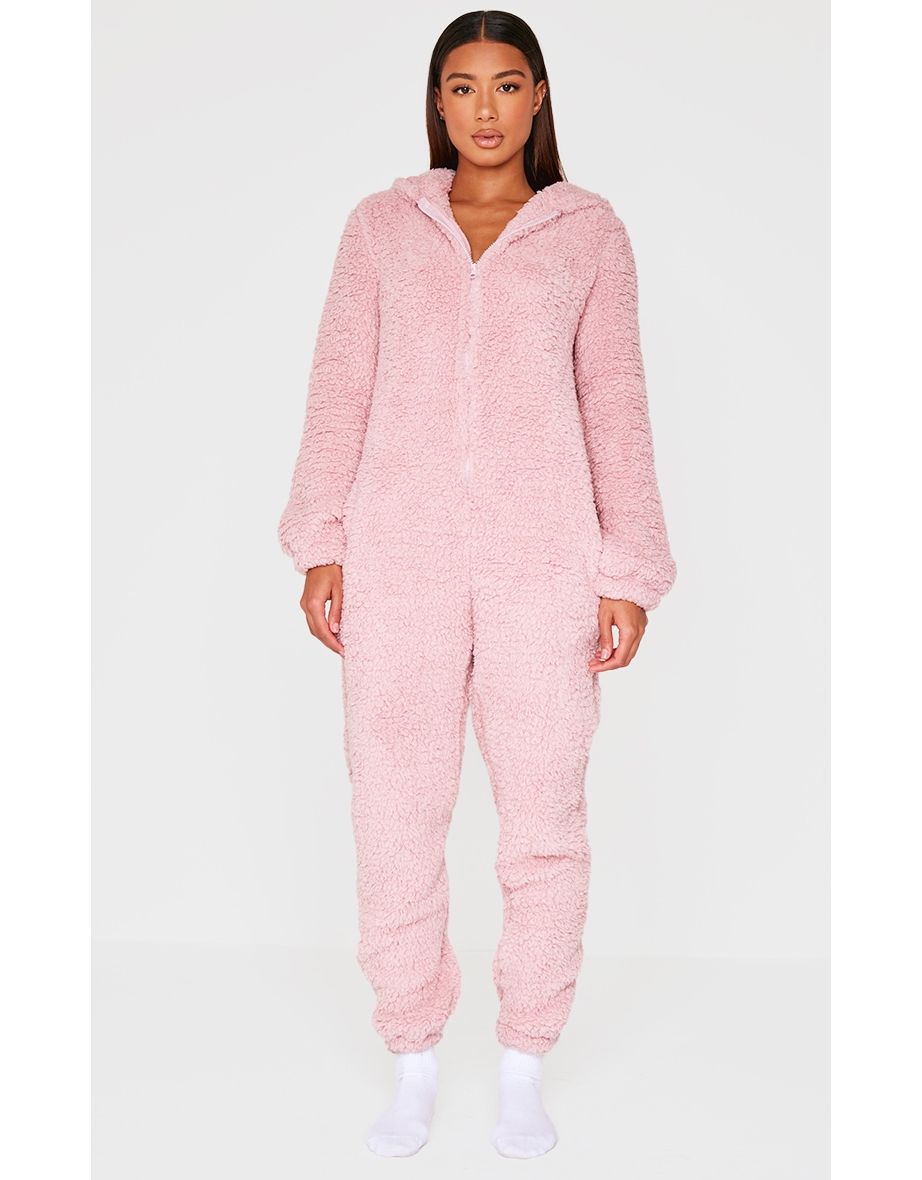 Pink Fleece Teddy Ears Hooded Onesie